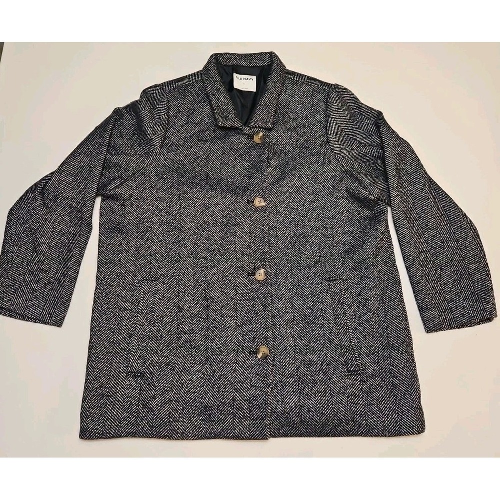 Old Navy Size XL Blue Herringbone Car Coat Jacket‎ 3 Buttons Pockets Wool Blend